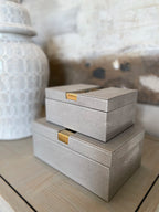 Set of 2 Faux Shagreen Boxes with Gold Trim