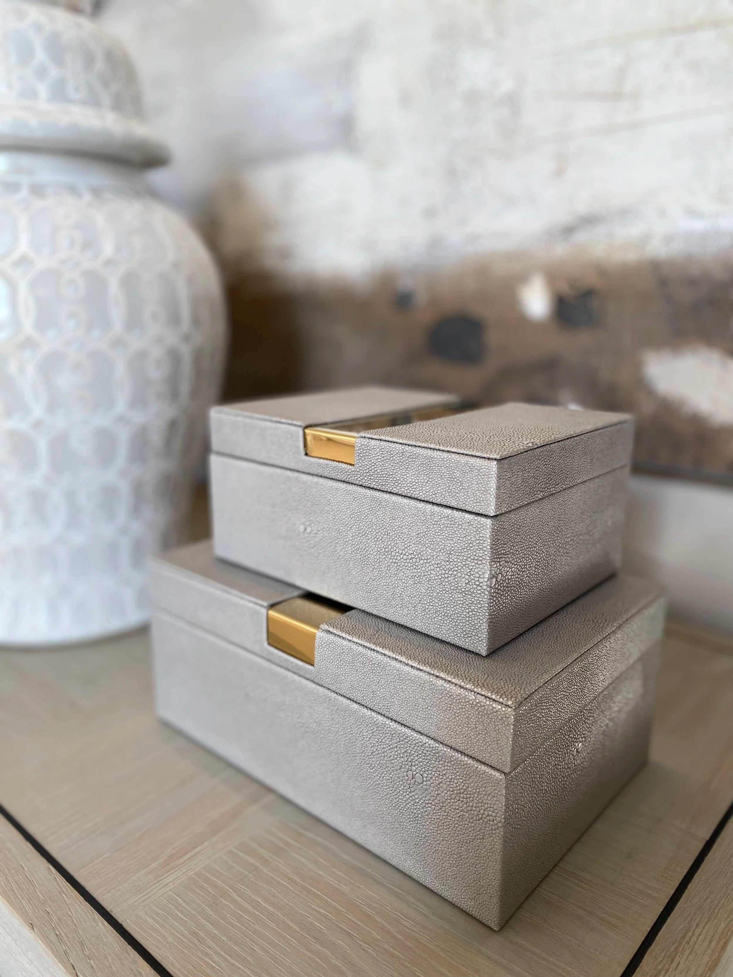 Set of 2 Faux Shagreen Boxes with Gold Trim