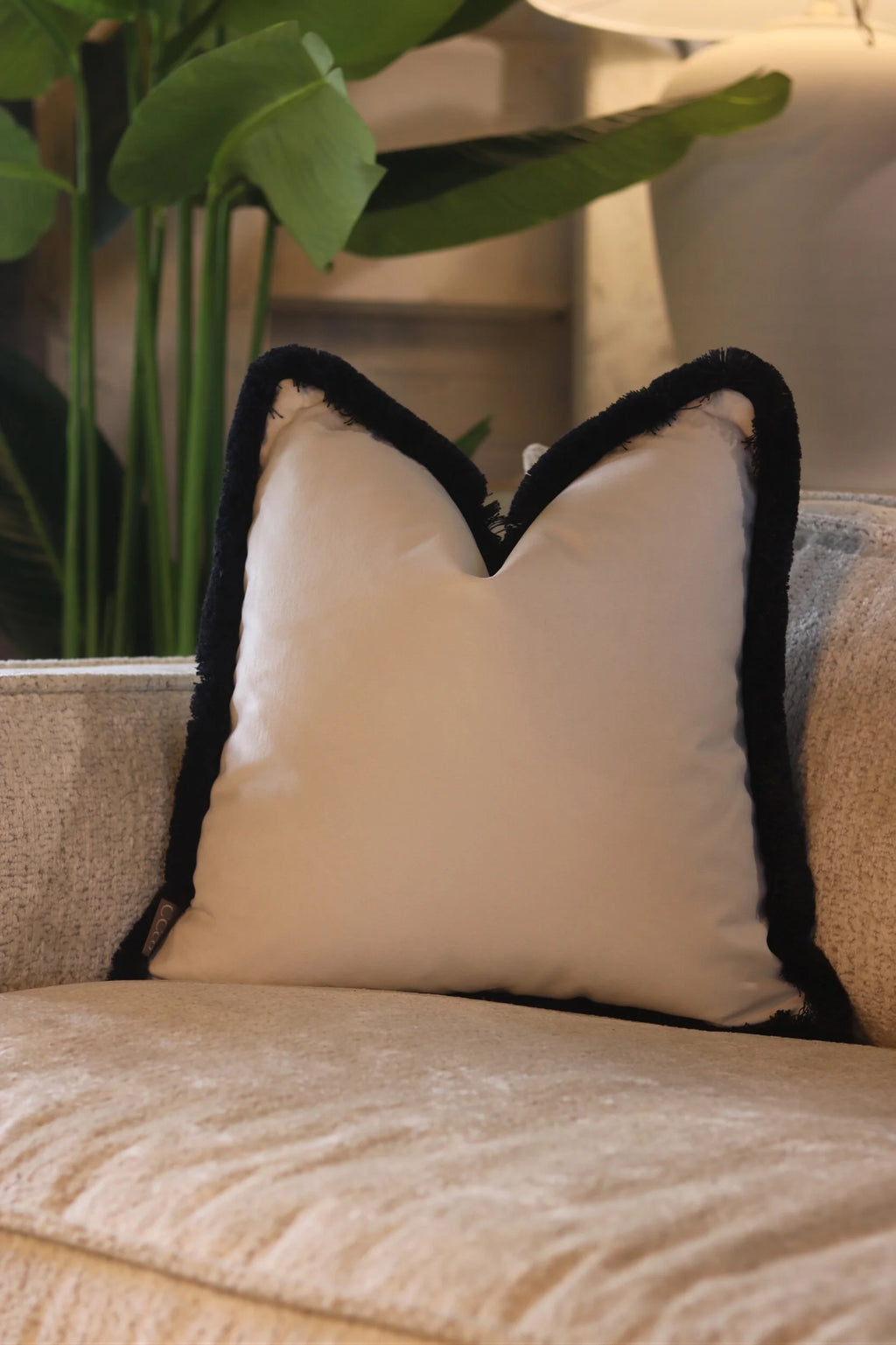 White Flat Velvet Cushion with Fringe