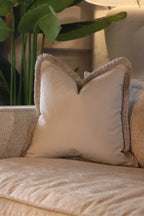 White Flat Velvet Cushion with Fringe