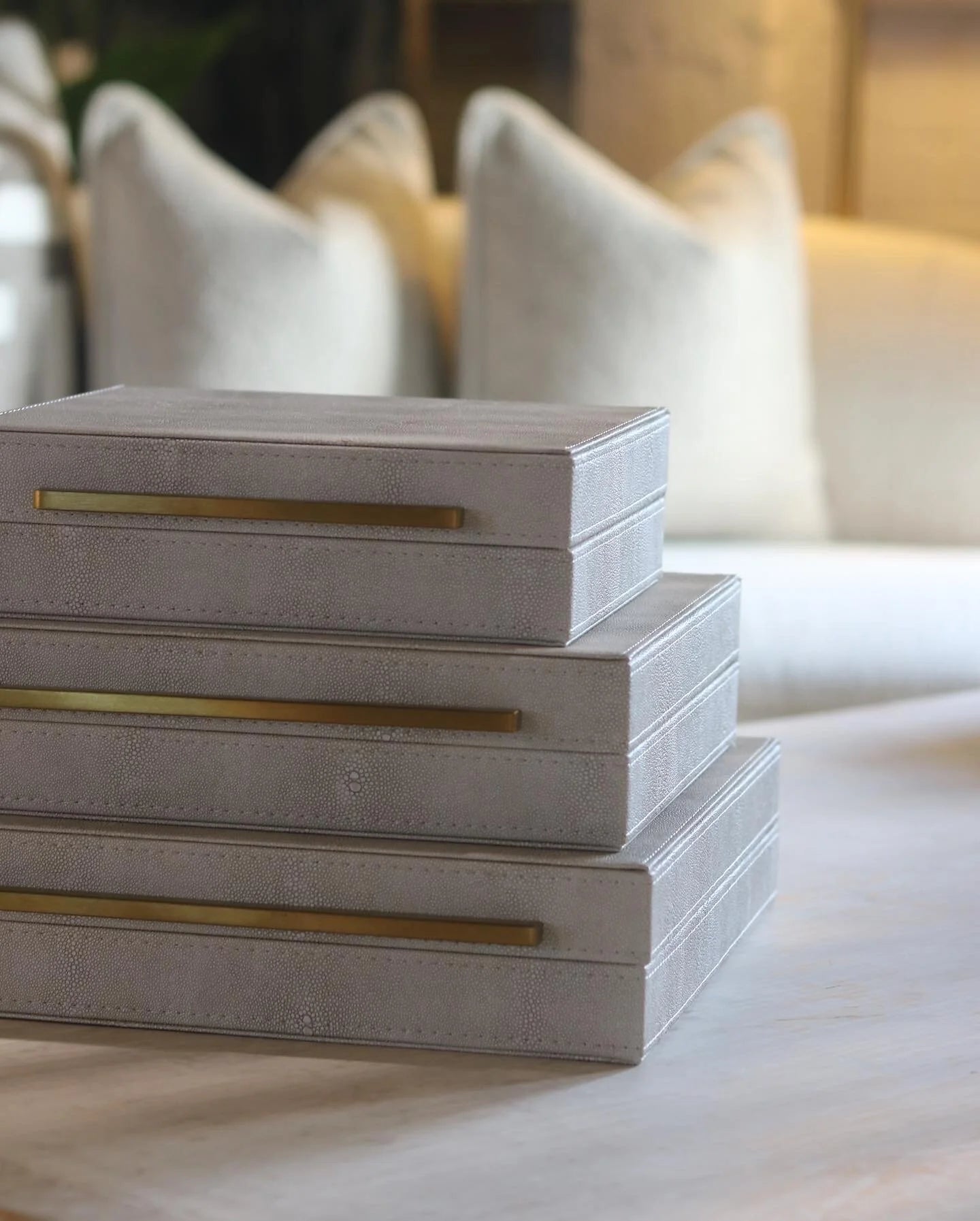 Set of 3 Ivory Faux Shagreen Boxes