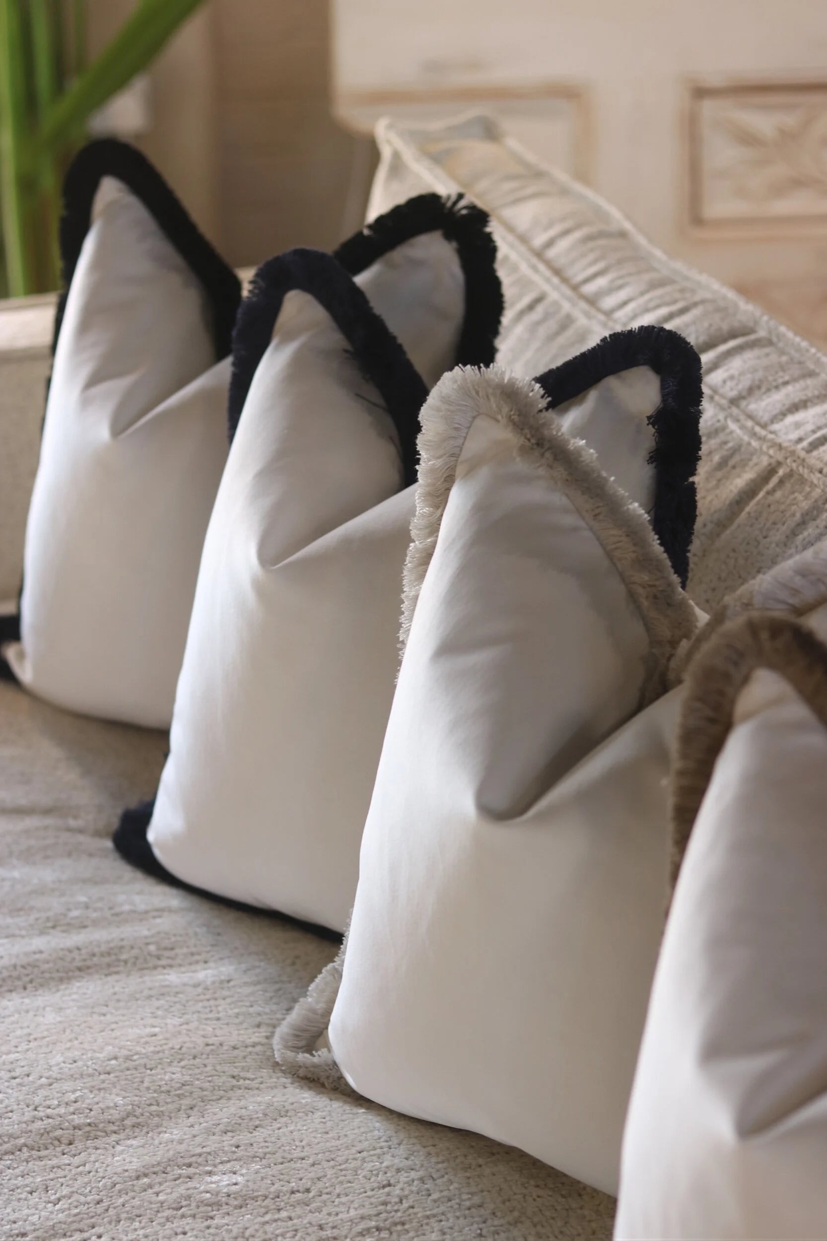 White Flat Velvet Cushion with Fringe