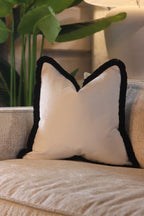 White Flat Velvet Cushion with Fringe
