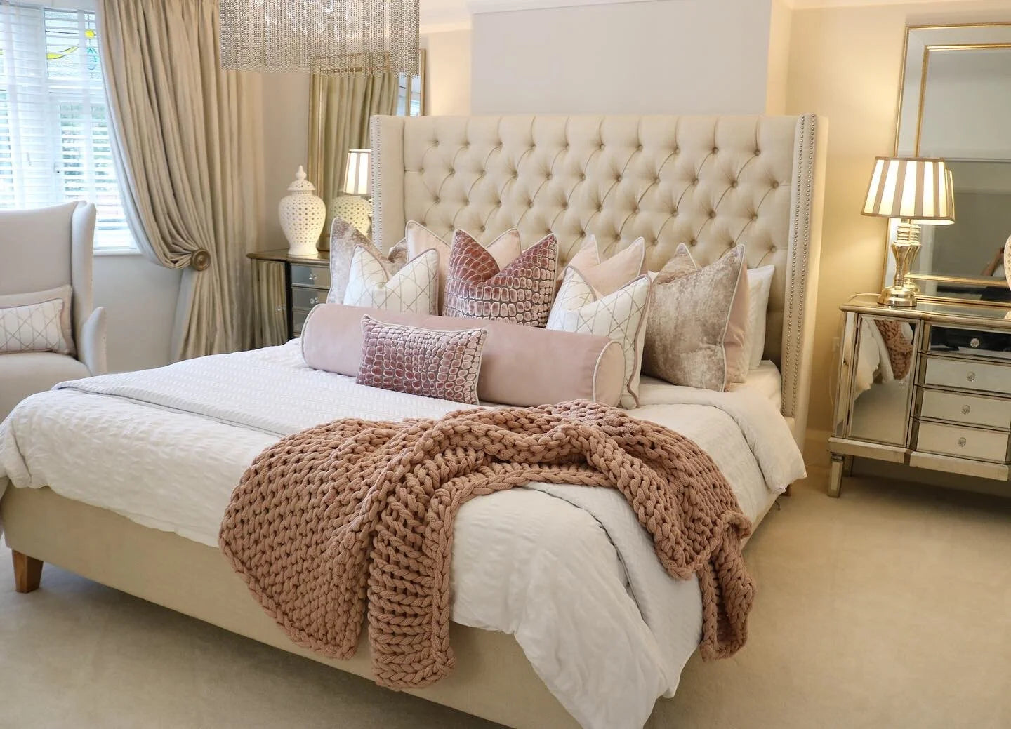 Beige Buttoned Bed