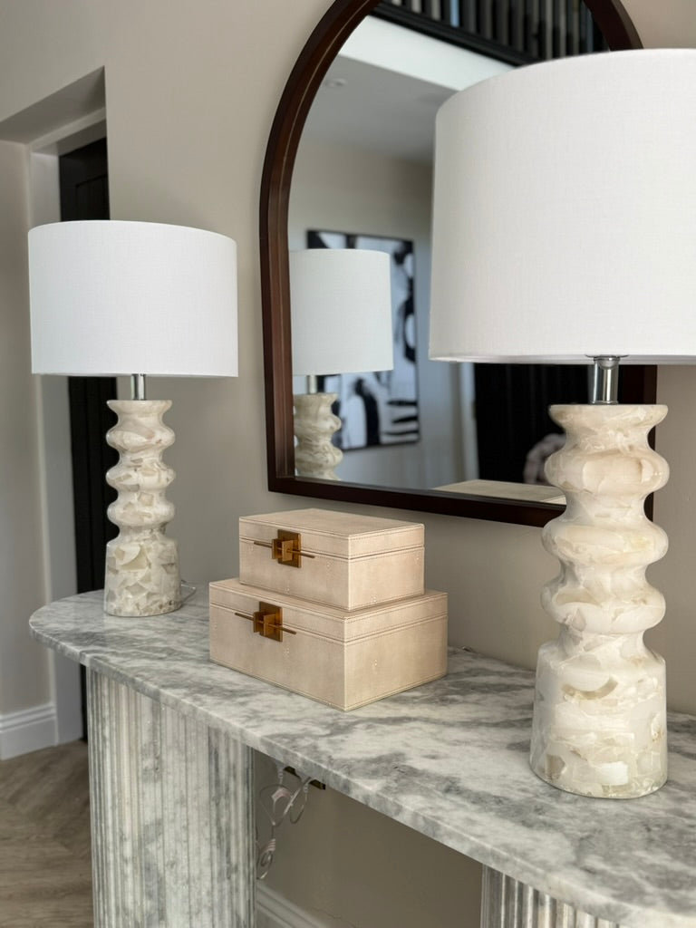 Tall Alabaster Table Lamp with Linen Shade
