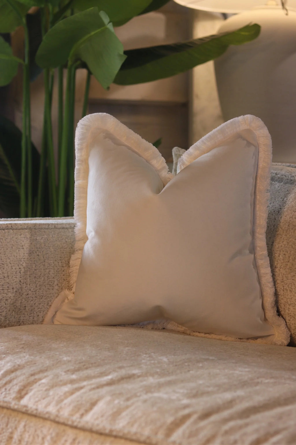 White Flat Velvet Cushion with Fringe