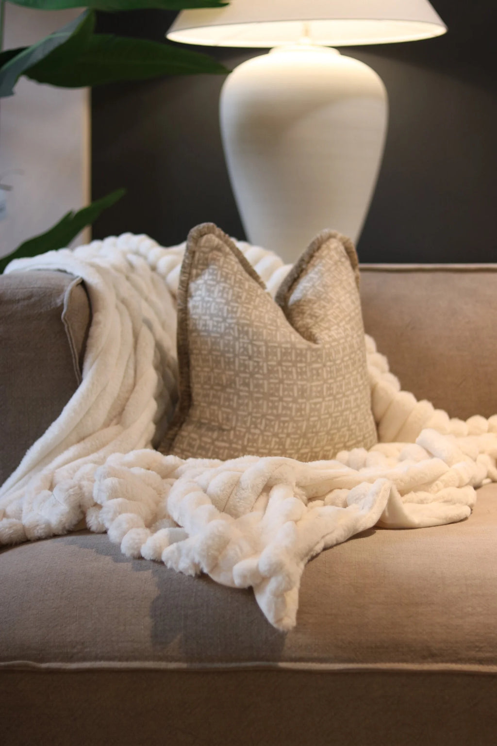 Cream Faux Rabbit Ribbed Throw
