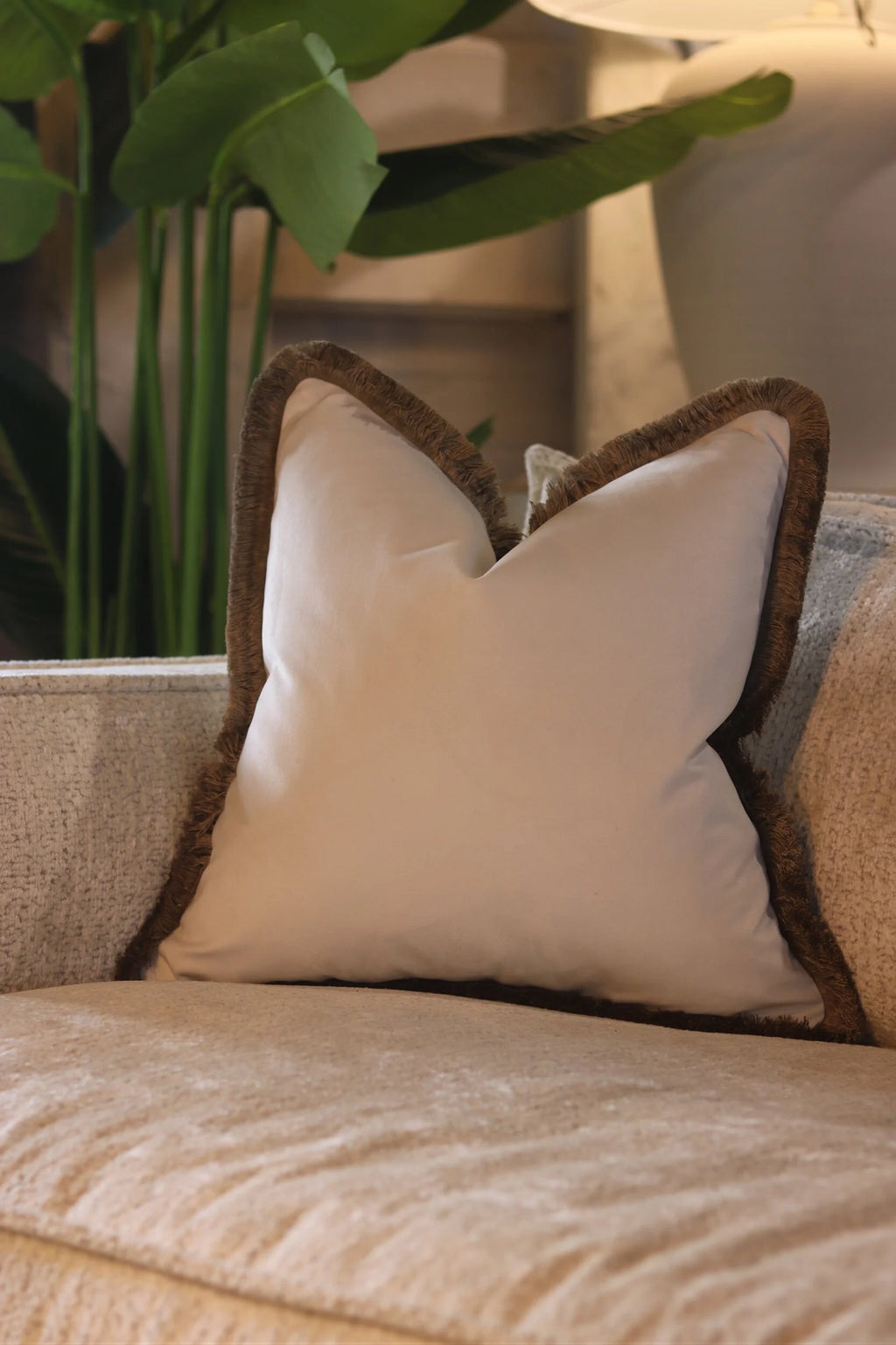 White Flat Velvet Cushion with Fringe