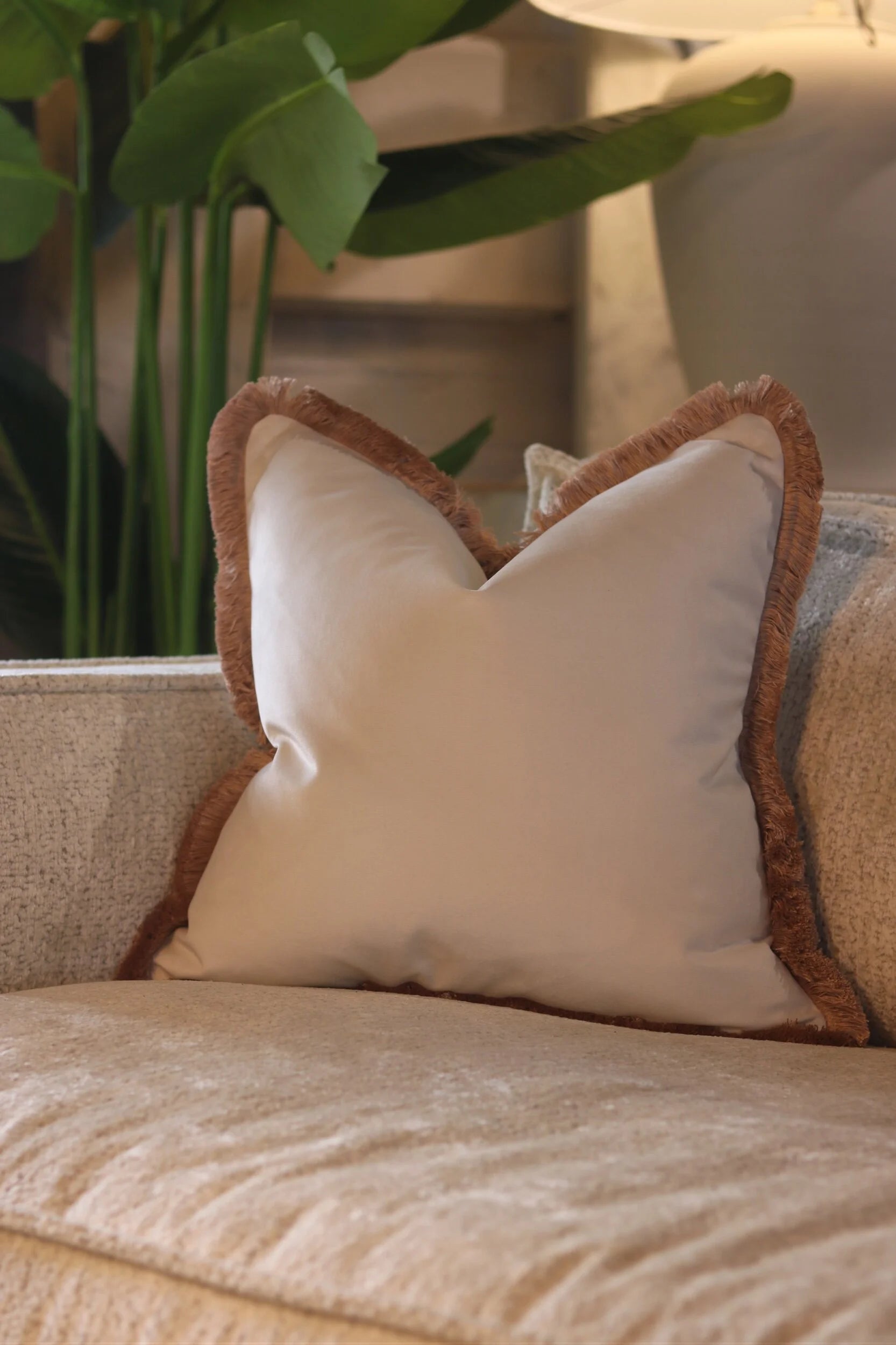 White Flat Velvet Cushion with Fringe