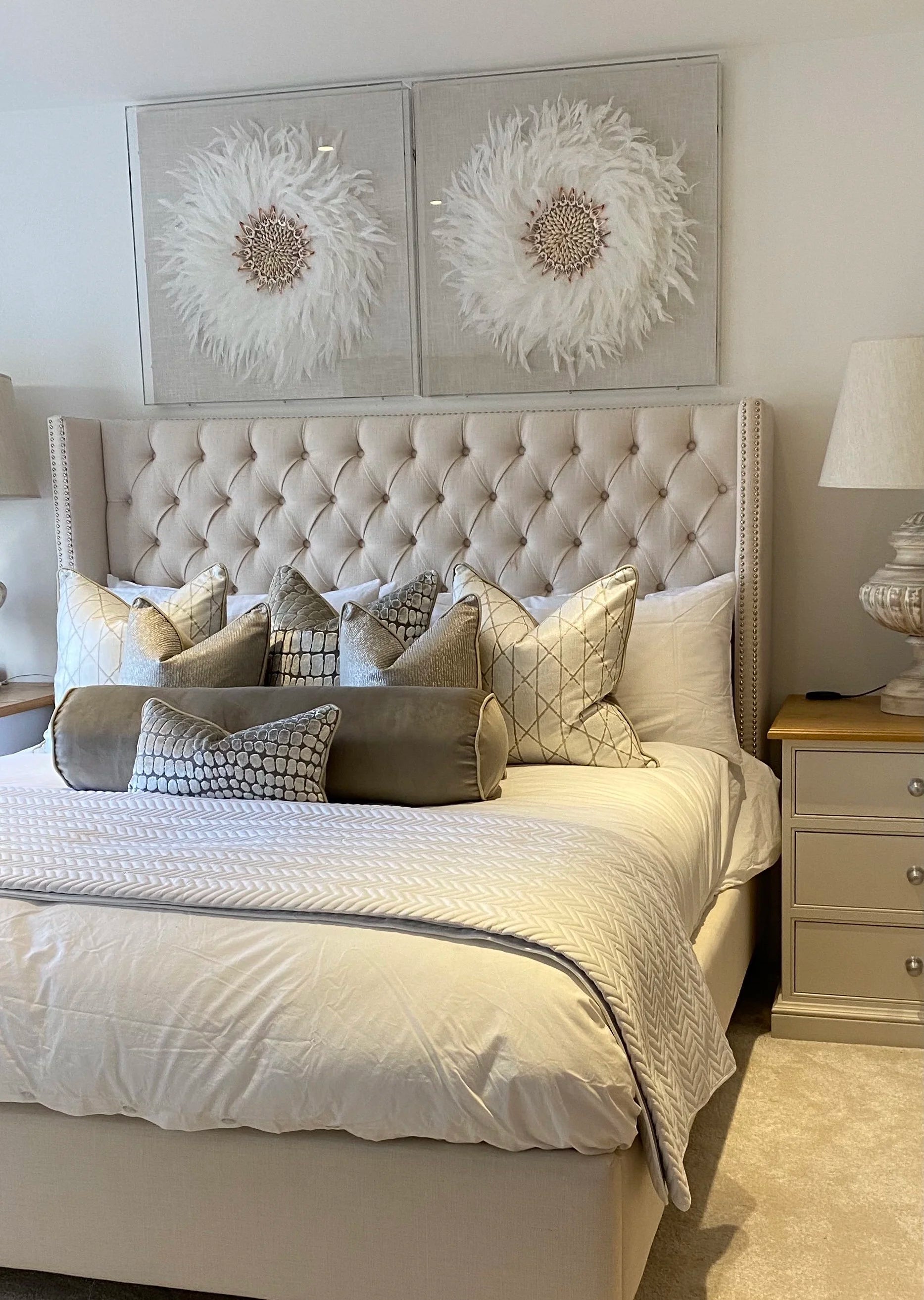 Beige Buttoned Bed