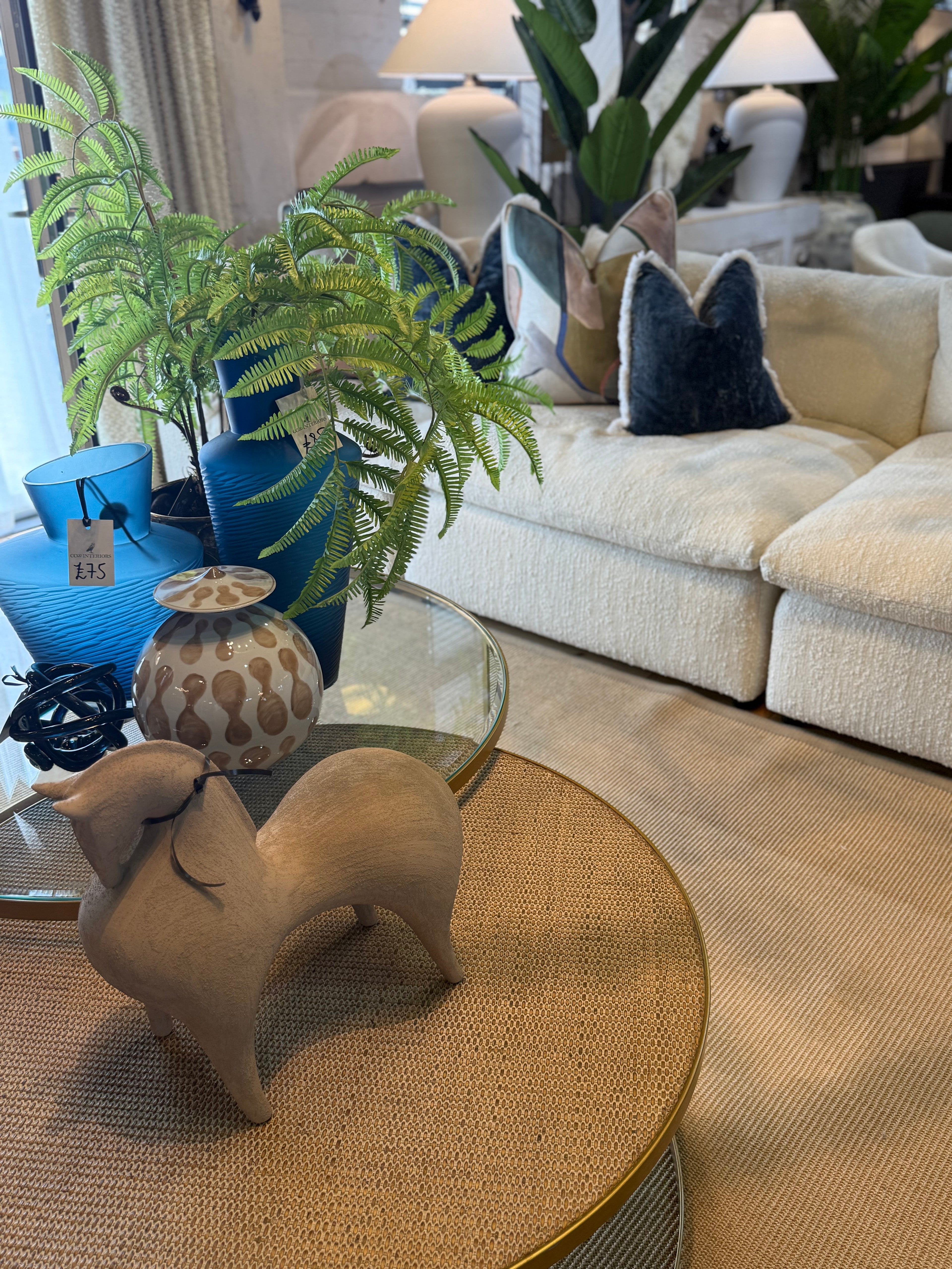 Ex-Display Set of 2 Gold Glass & Wicker Coffee Tables