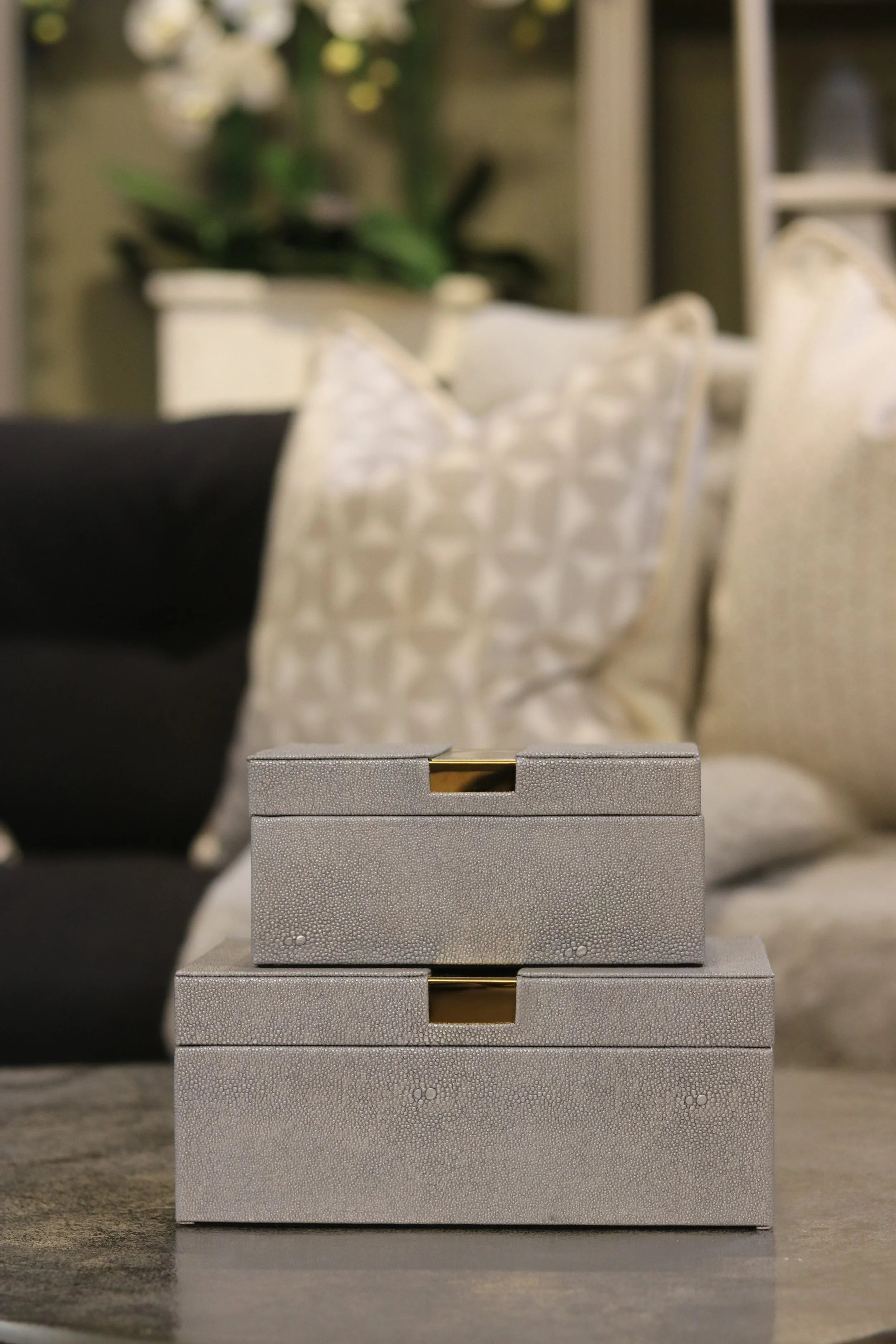 Set of 2 Faux Shagreen Boxes with Gold Trim