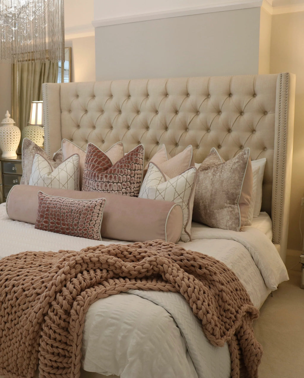 Beige Buttoned Bed