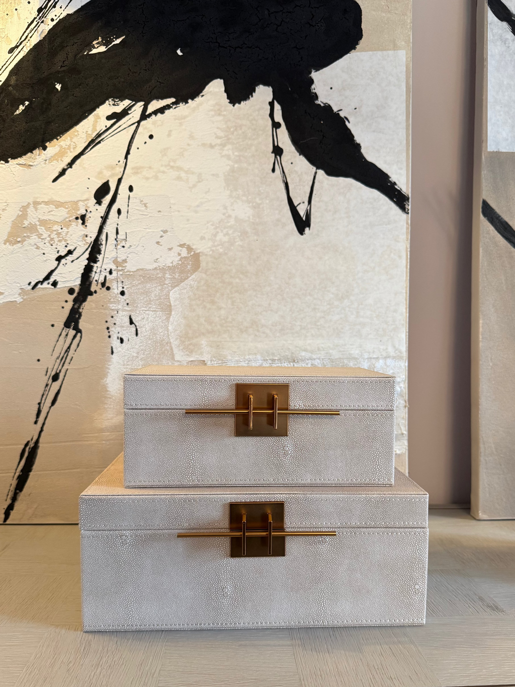 Set of 2 Ivory Crossbar Shagreen Boxes