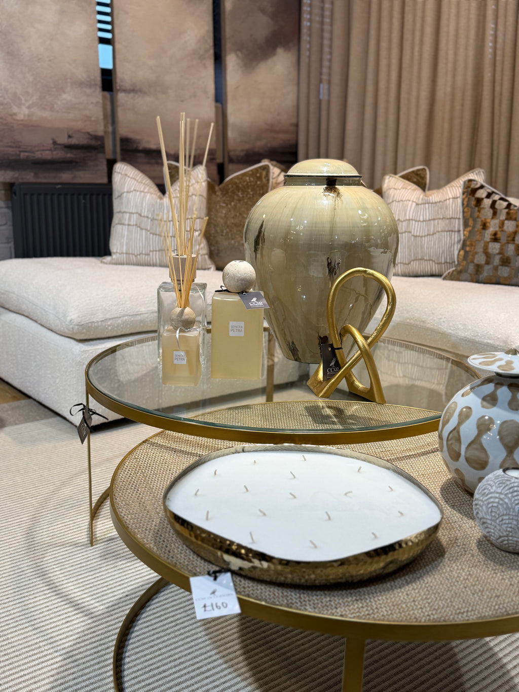 Ex-Display Set of 2 Gold Glass & Wicker Coffee Tables