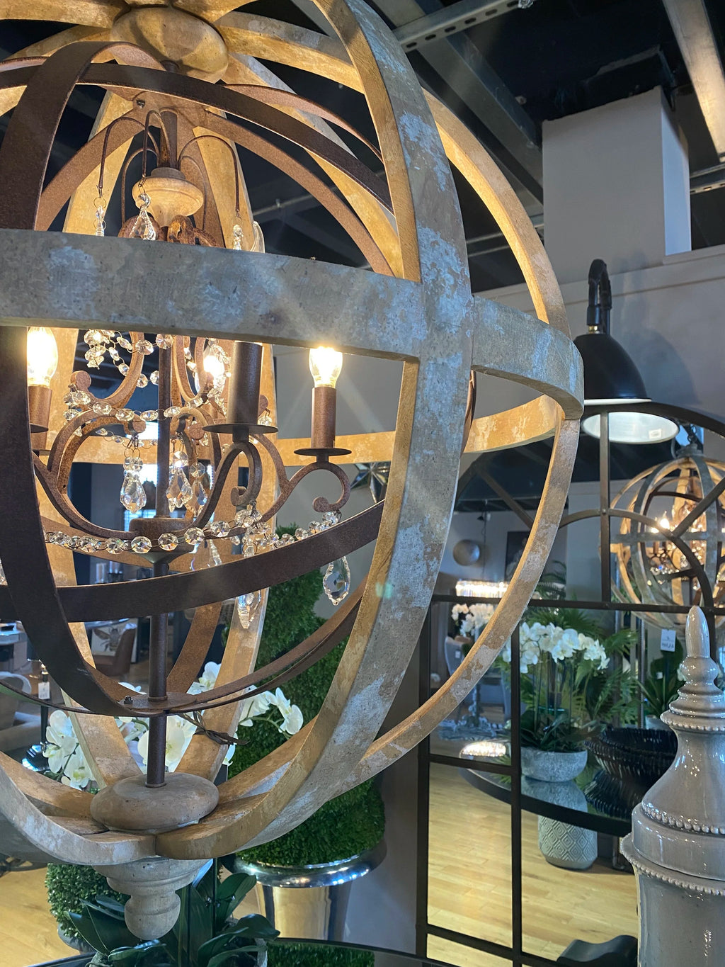 Metal and Wood Globe Chandelier
