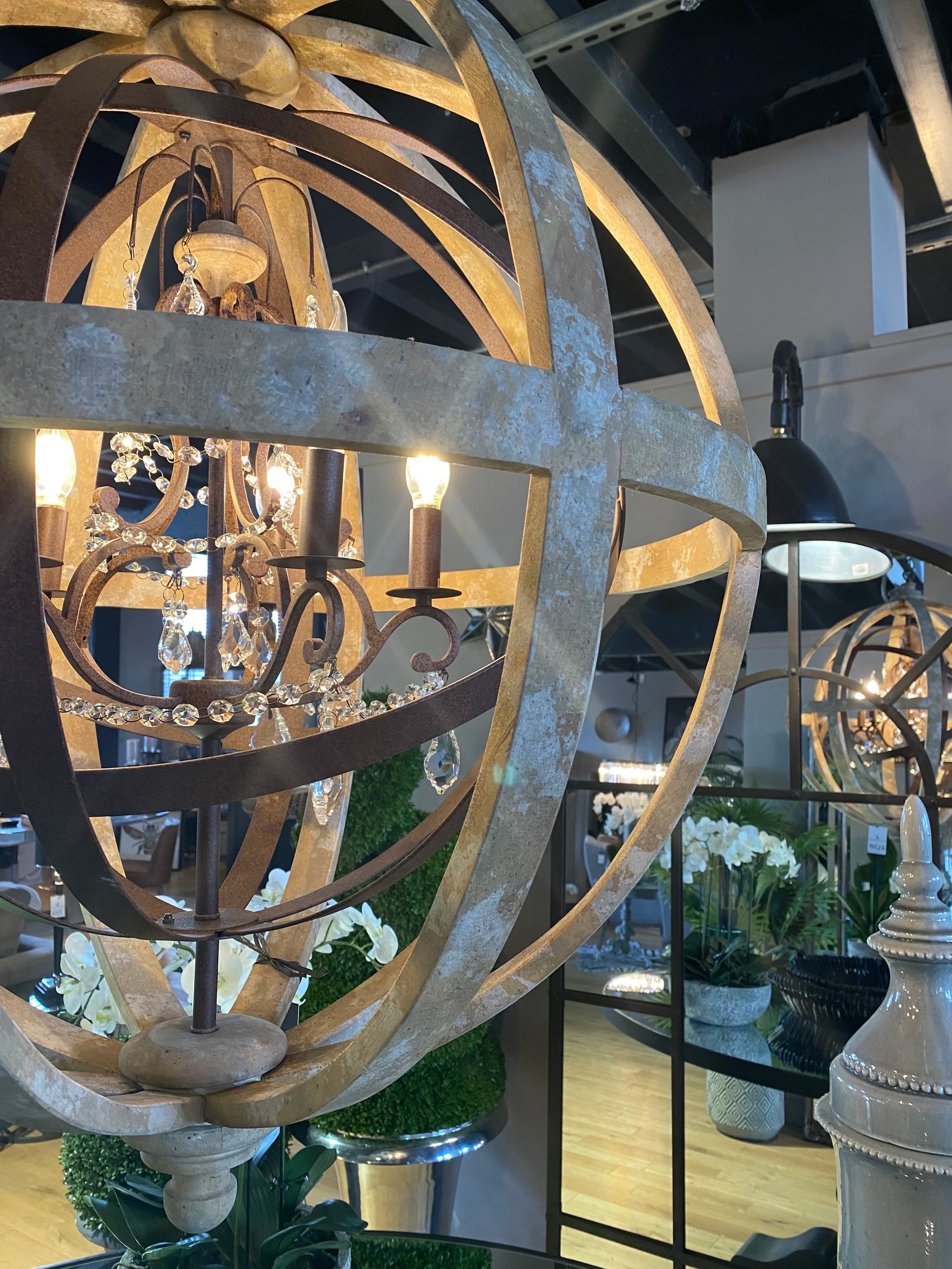Metal and Wood Globe Chandelier