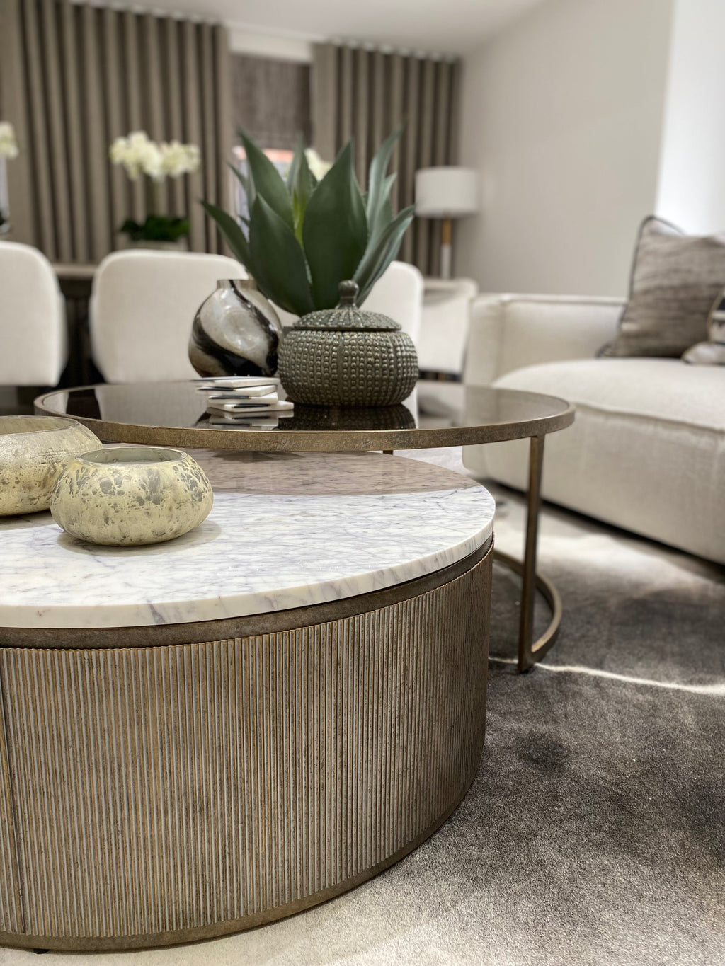 Set of 2 Nesting Marble and Tinted Glass Coffee Tables
