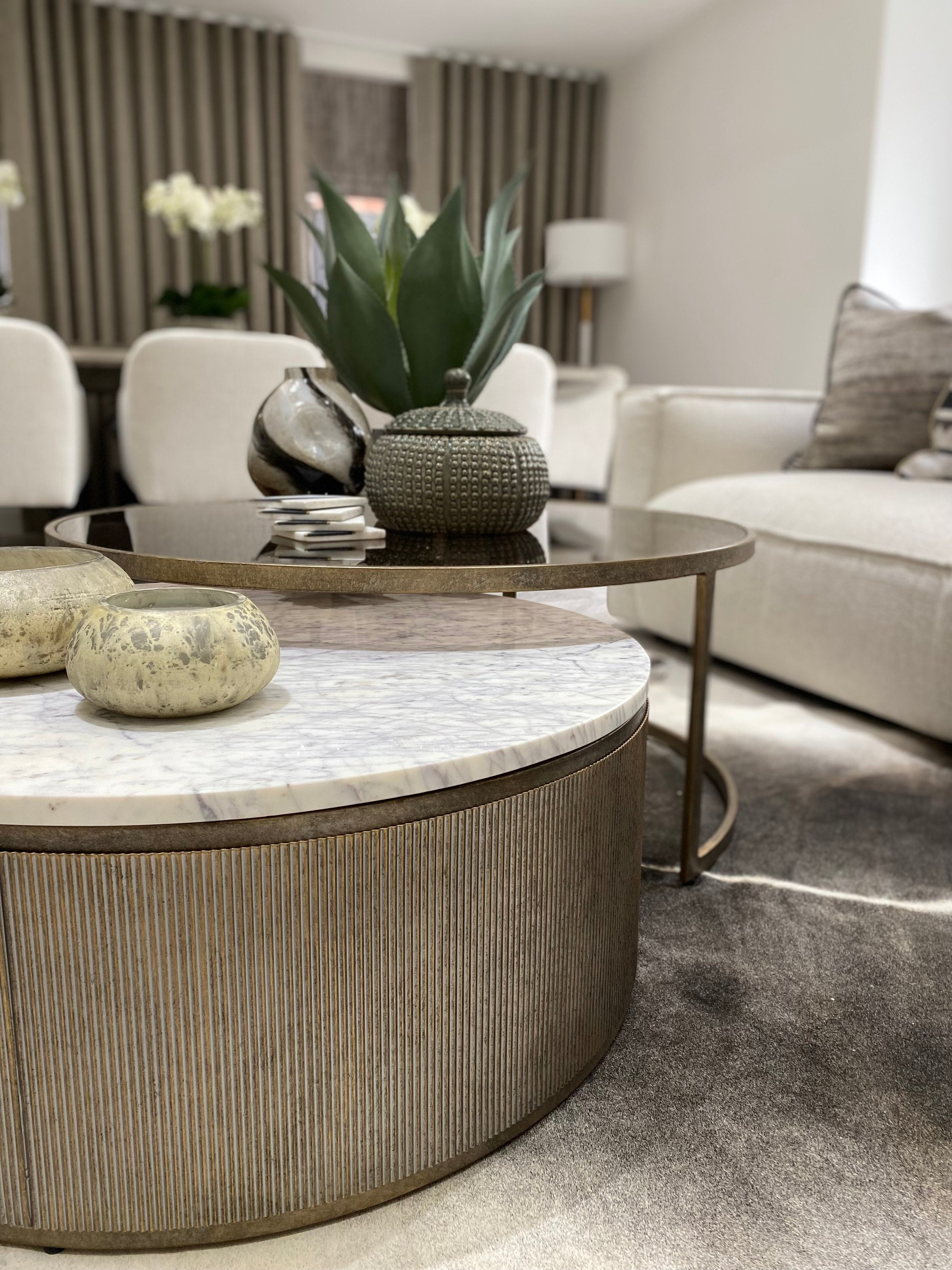 Set of 2 Nesting Marble and Tinted Glass Coffee Tables