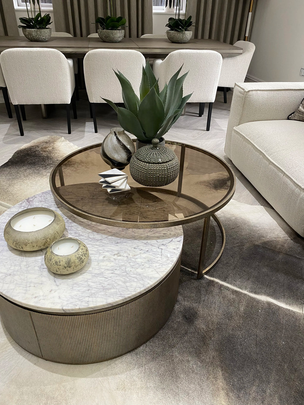 Set of 2 Nesting Marble and Tinted Glass Coffee Tables