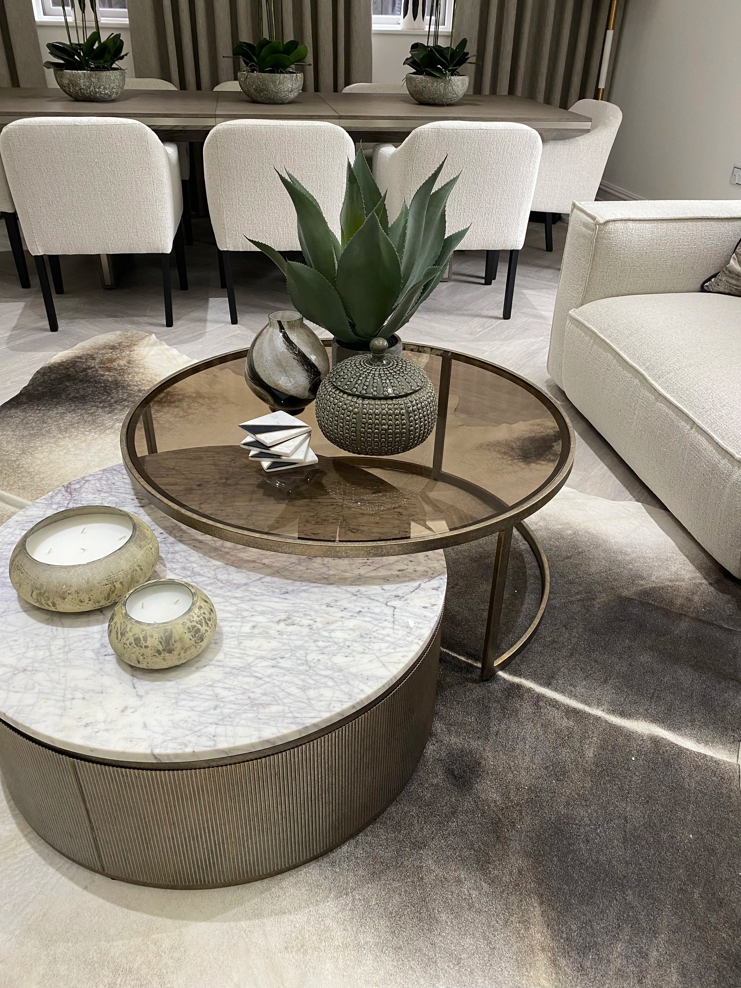 Set of 2 Nesting Marble and Tinted Glass Coffee Tables