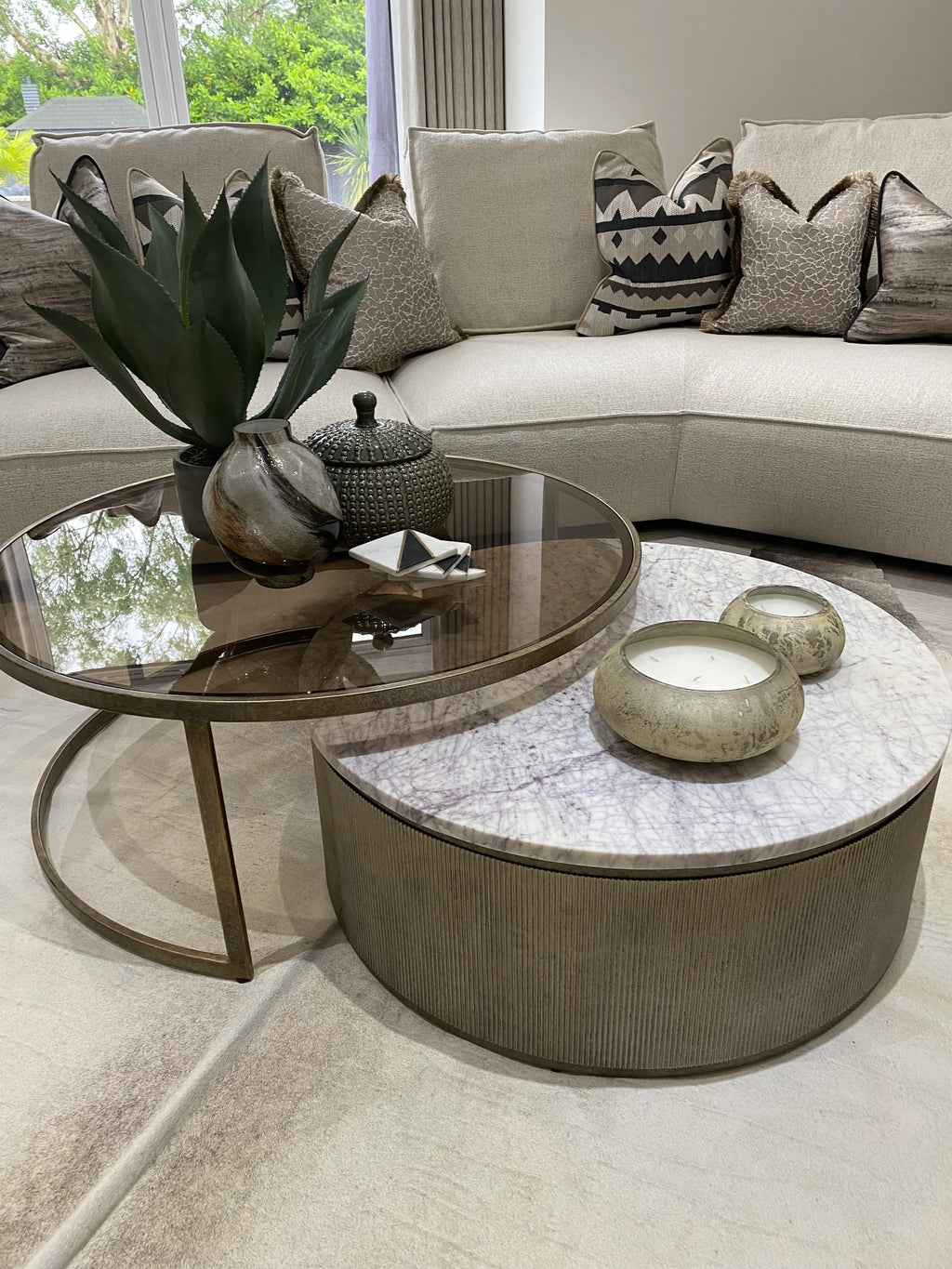 Set of 2 Nesting Marble and Tinted Glass Coffee Tables