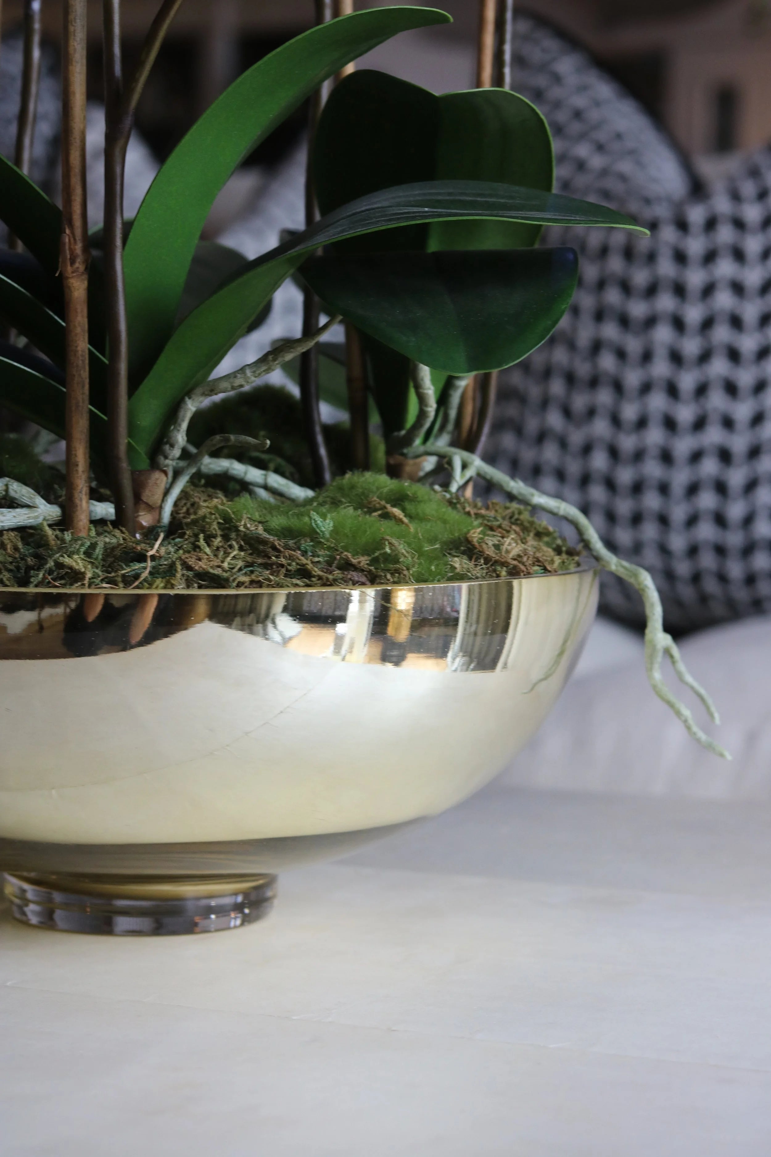 White Orchid in Gold Glass Bowl