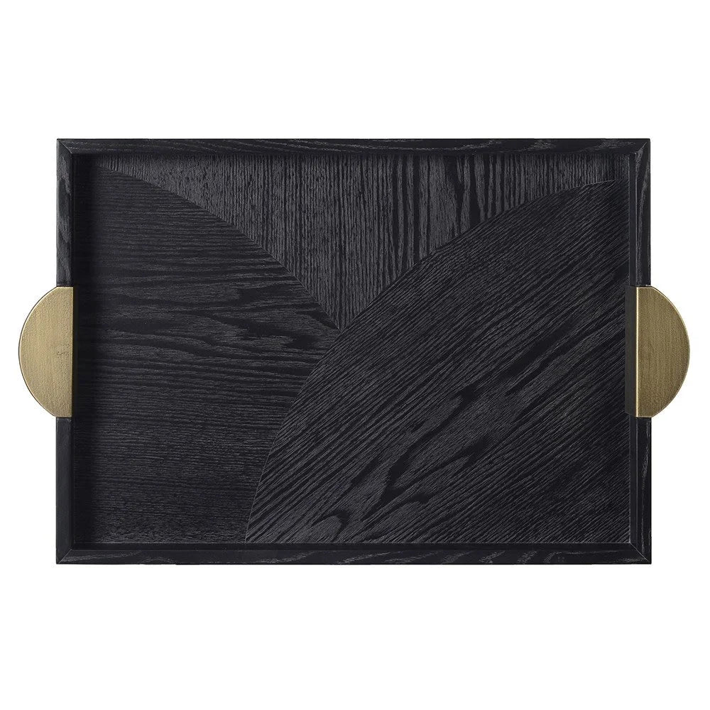 Black Wooden Tray with Gold Iron Handles
