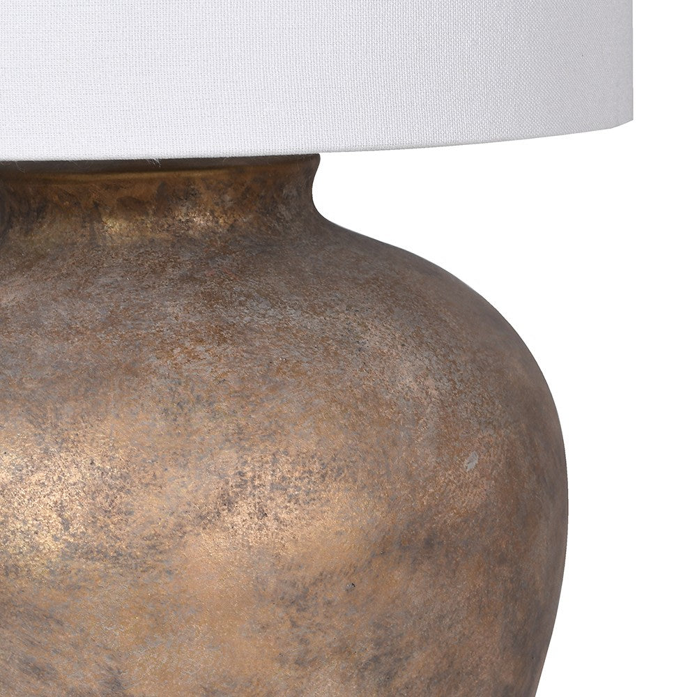 Close-up of a textured metal lamp base with a white lampshade.