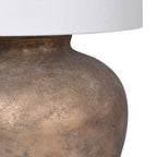 Close-up of a textured metal lamp base with a white lampshade.