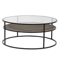 Round Glass Top Coffee Table with Rattan Shelf