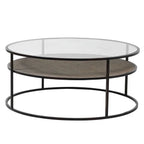 Round Glass Top Coffee Table with Rattan Shelf