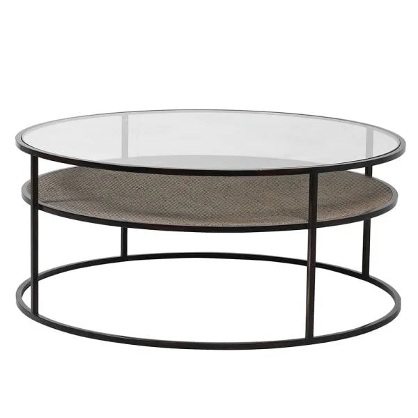 Round Glass Top Coffee Table with Rattan Shelf