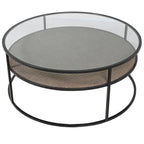 Round Glass Top Coffee Table with Rattan Shelf