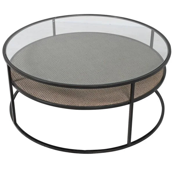 Round Glass Top Coffee Table with Rattan Shelf